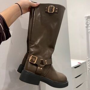 SHEIN Chocolate Brown Buckle Heeled Boots